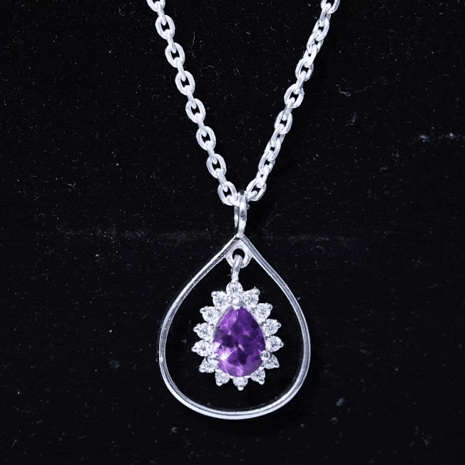 Yellow gold 1 carat amethyst teardrop pendant with moissanite halo from Rosec Jewels, showcasing a sparkling gemstone and elegant design.