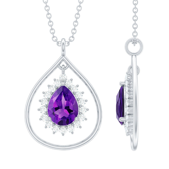 Amethyst teardrop pendant with moissanite halo, elegant jewelry piece featuring a 1-carat purple gemstone and sparkling accents