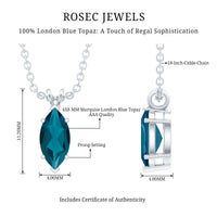 Real 0.7 Carat Marquise London Blue Topaz Necklace with Silver Chain