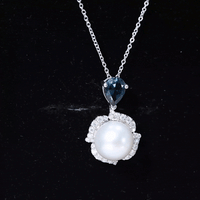 8 Carat Freshwater Pearl Designer Bridal Necklace with London Blue Topaz