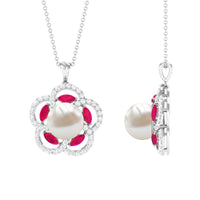 Freshwater Pearl Flower Pendant with Created Ruby and Moissanite
