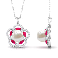 Freshwater Pearl Flower Pendant with Created Ruby and Moissanite