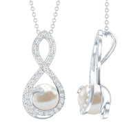 Freshwater White Pearl and Moissanite Infinity Pendant in Silver