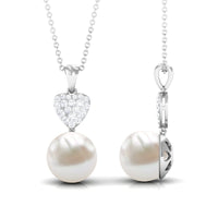 8.5 CT Bead Set Freshwater Pearl and Diamond Heart Dangle Pendant Necklace