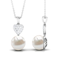 8.5 CT Bead Set Freshwater Pearl and Diamond Heart Dangle Pendant Necklace