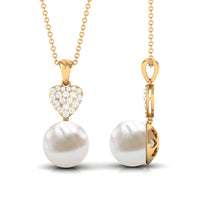 8.5 CT Bead Set Freshwater Pearl and Diamond Heart Dangle Pendant Necklace