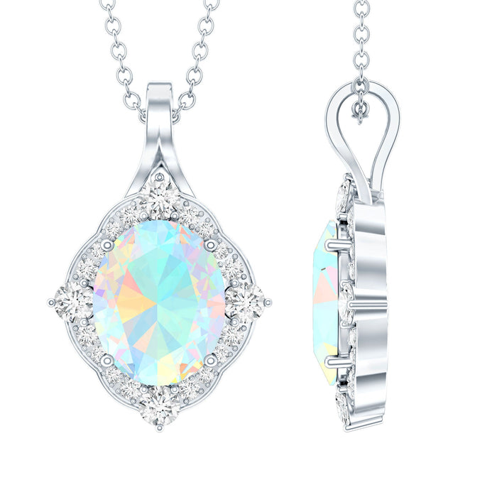 Oval cut rainbow opal pendant with Moissanite halo necklace, elegant Art Deco design by Rosec Jewels.
