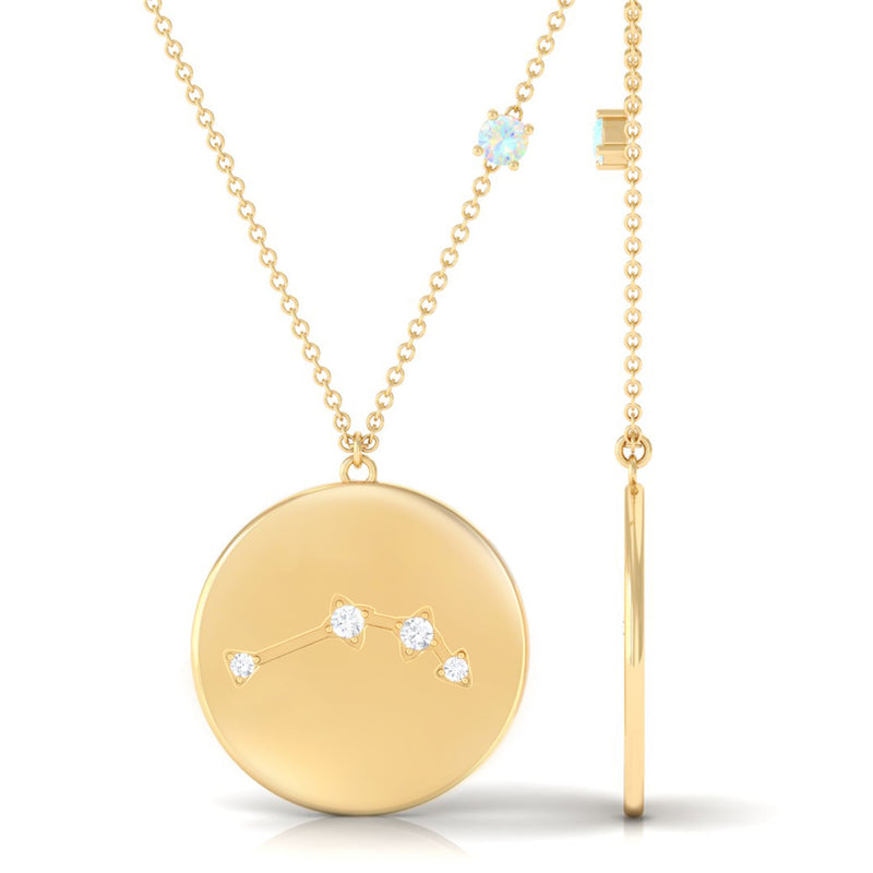 Ethiopian opal and diamond Libra constellation pendant necklace by Rosec Jewels, featuring a celestial zodiac design.