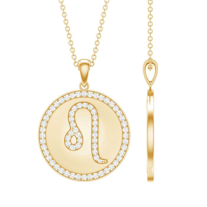 Certified Moissanite Zodiac Leo pendant with disc, showcasing a sparkling Leo constellation pendant by Rosec Jewels.