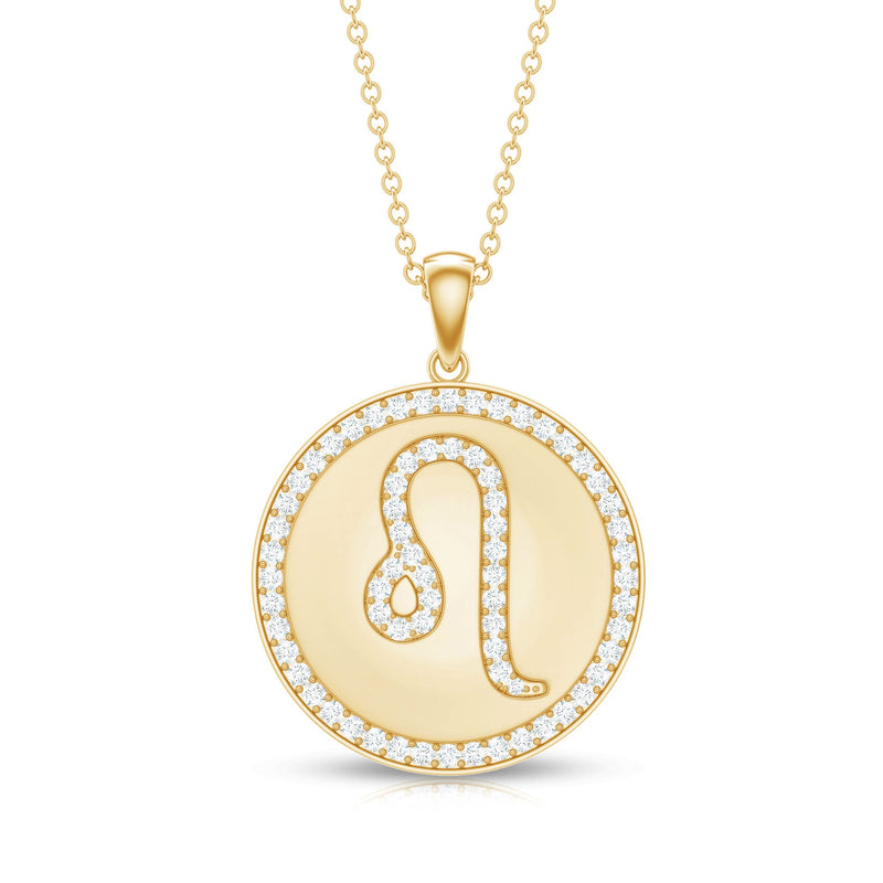 Certified Moissanite Zodiac Leo pendant with disc, featuring a sparkling gemstone set in a pendant necklace.