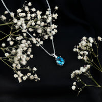 Real 2.5 Carat Oval Shape Real London Blue Topaz Oval Necklace With Silver Chain