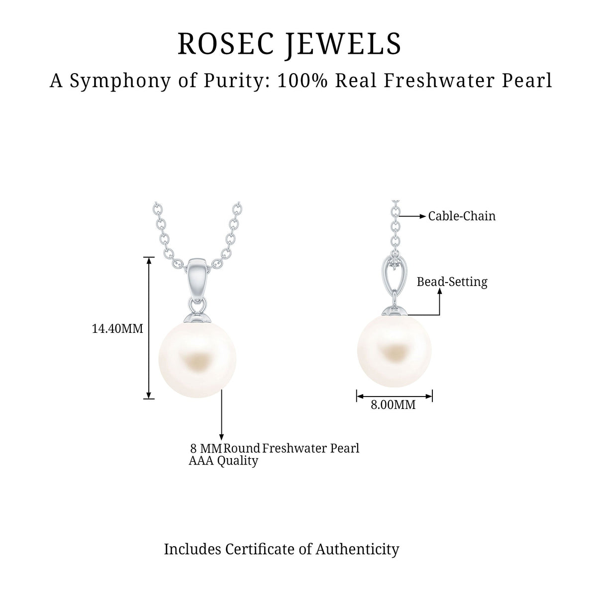 Natural 8MM Freshwater Pearl Solitaire Drop Necklace With Chain