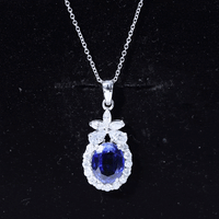 4 Carat Oval Shape Lab Created Blue Sapphire Statement Necklace with Moissanite