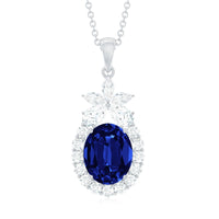 4 Carat Oval Shape Lab Created Blue Sapphire Statement Necklace with Moissanite