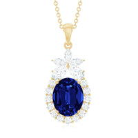 4 Carat Oval Shape Lab Created Blue Sapphire Statement Necklace with Moissanite