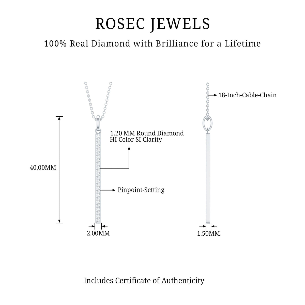 Round cut diamond bar pendant necklace for women by Rosec Jewels, featuring a sleek, elegant design with sparkling diamonds.