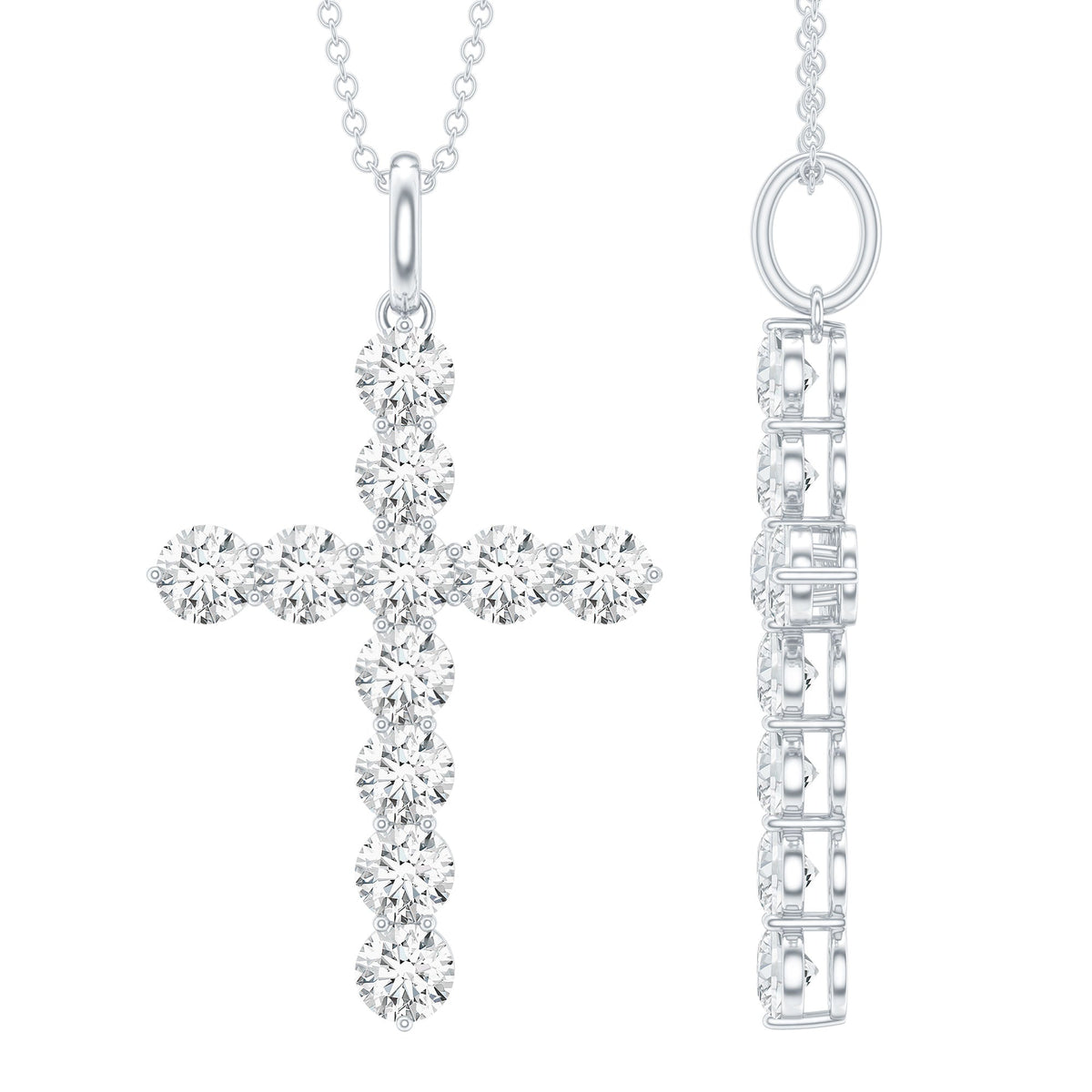 Round moissanite cross pendant necklace by Rosec Jewels featuring a sparkling certified moissanite gemstone and silver chain.