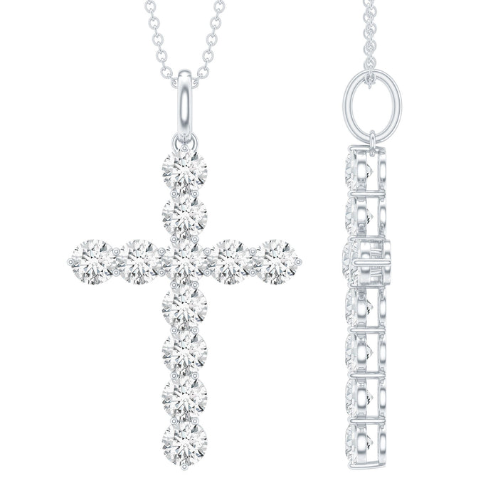 Certified Moissanite cross pendant on a silver chain from Rosec Jewels, showcasing a sparkling cross design.