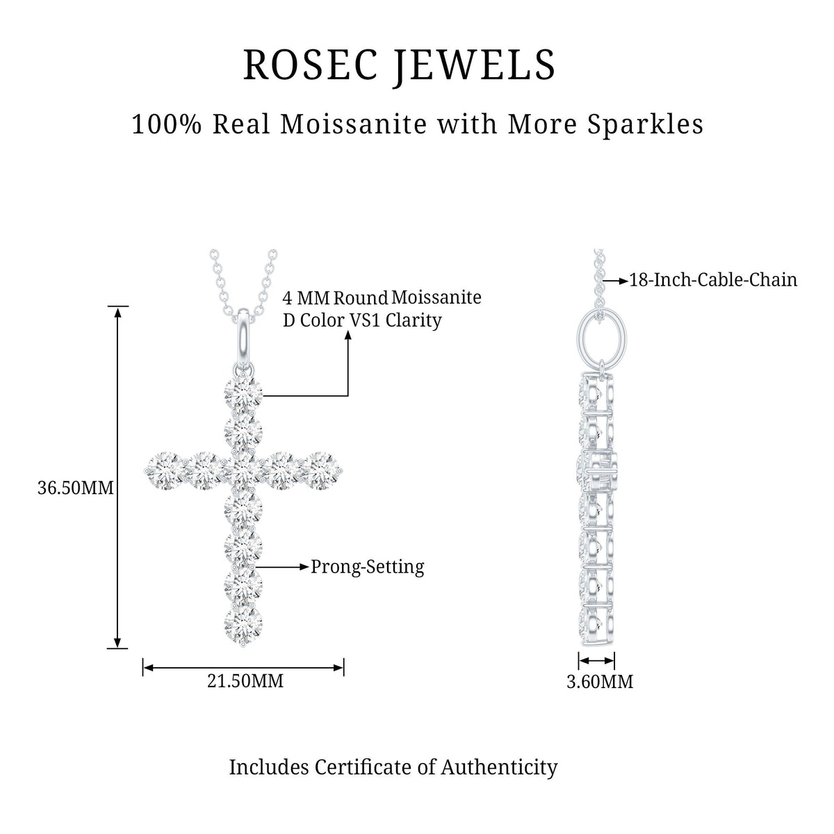 Round moissanite cross pendant necklace by Rosec Jewels featuring a sparkling circular moissanite stone on a delicate chain.