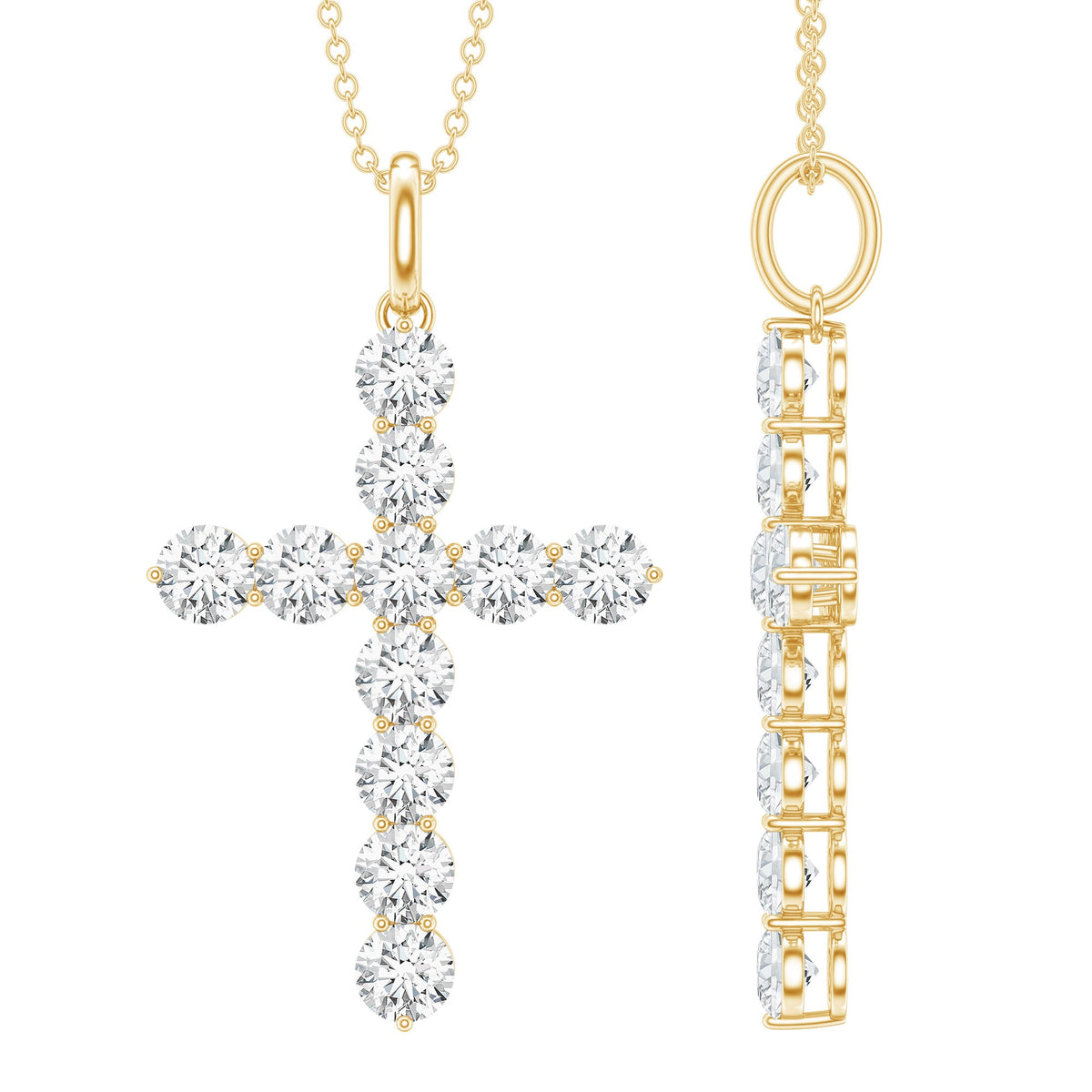 Round moissanite cross pendant necklace from Rosec Jewels featuring a sparkling circular moissanite stone on a delicate chain.