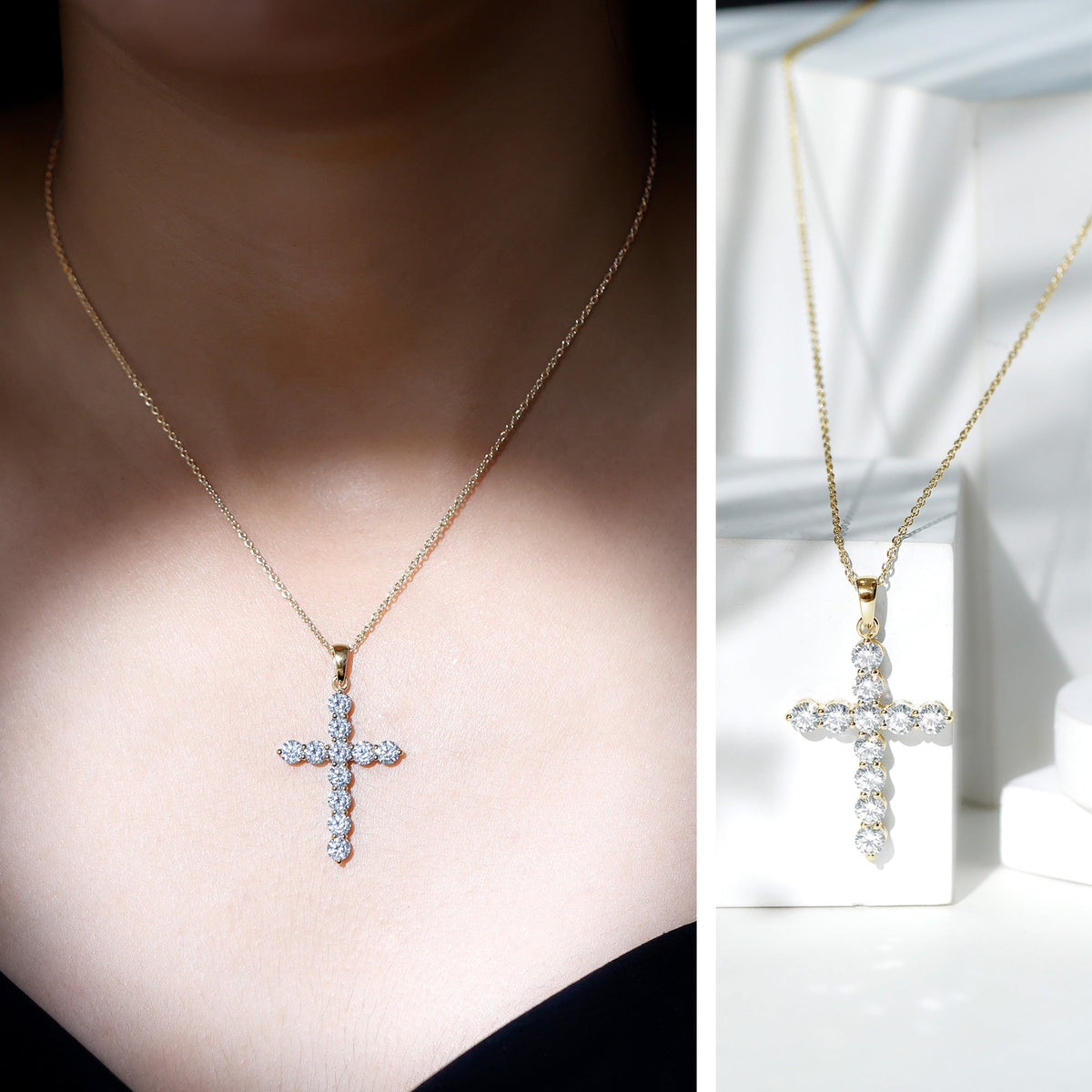 Round moissanite cross pendant necklace by Rosec Jewels featuring a sparkling circular moissanite stone and a delicate chain.