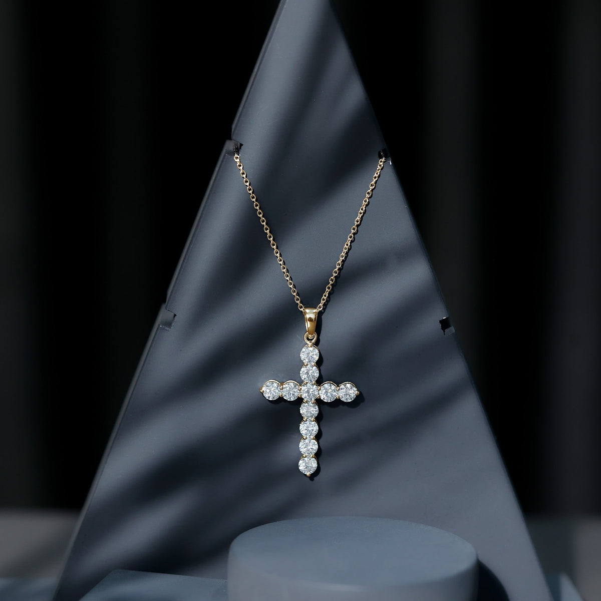 Round moissanite cross pendant necklace by Rosec Jewels featuring a sparkling circular moissanite stone on a delicate chain.