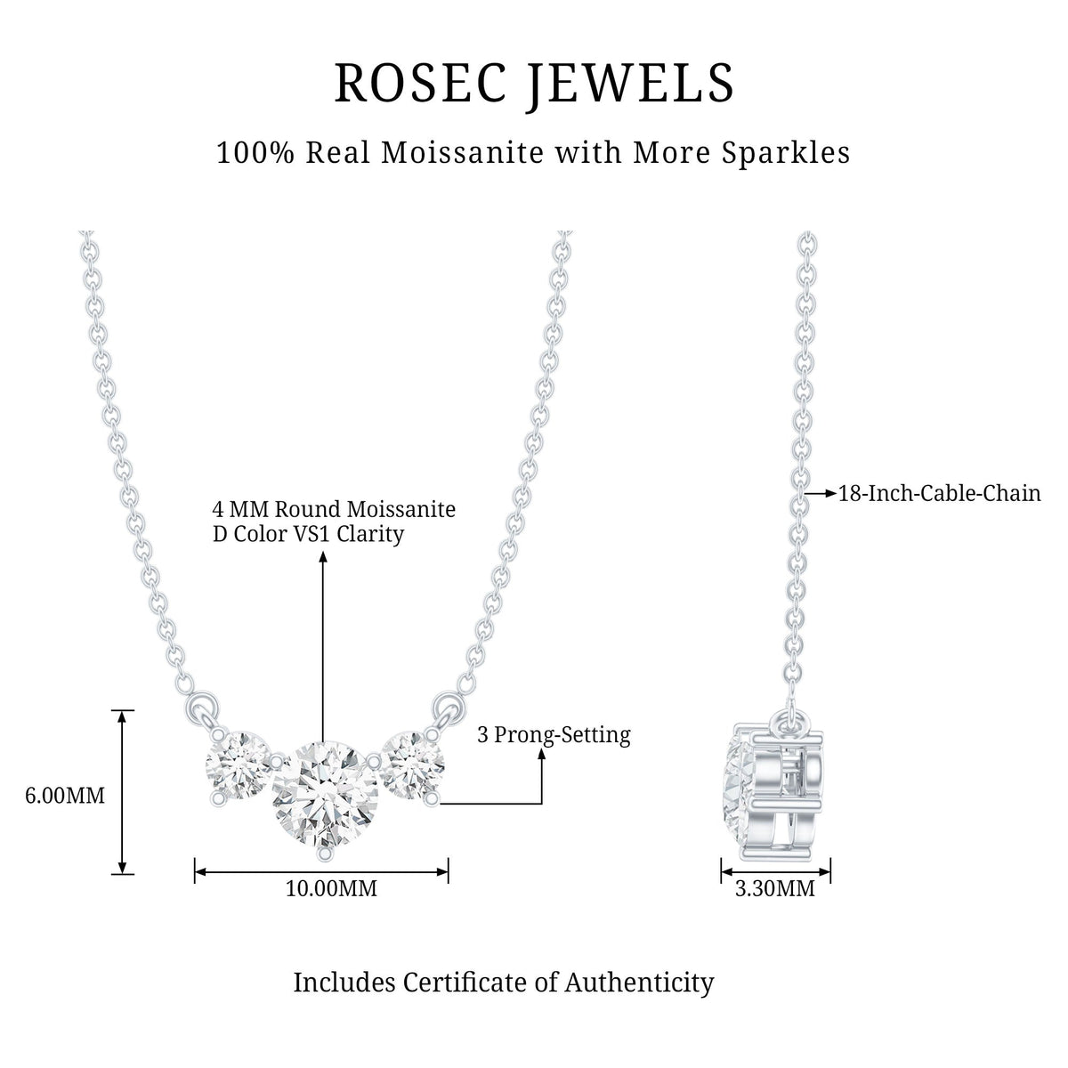 Certified Moissanite three-stone stackable pendant necklace from Rosec Jewels, showcasing sparkling moissanite stones and delicate chain.