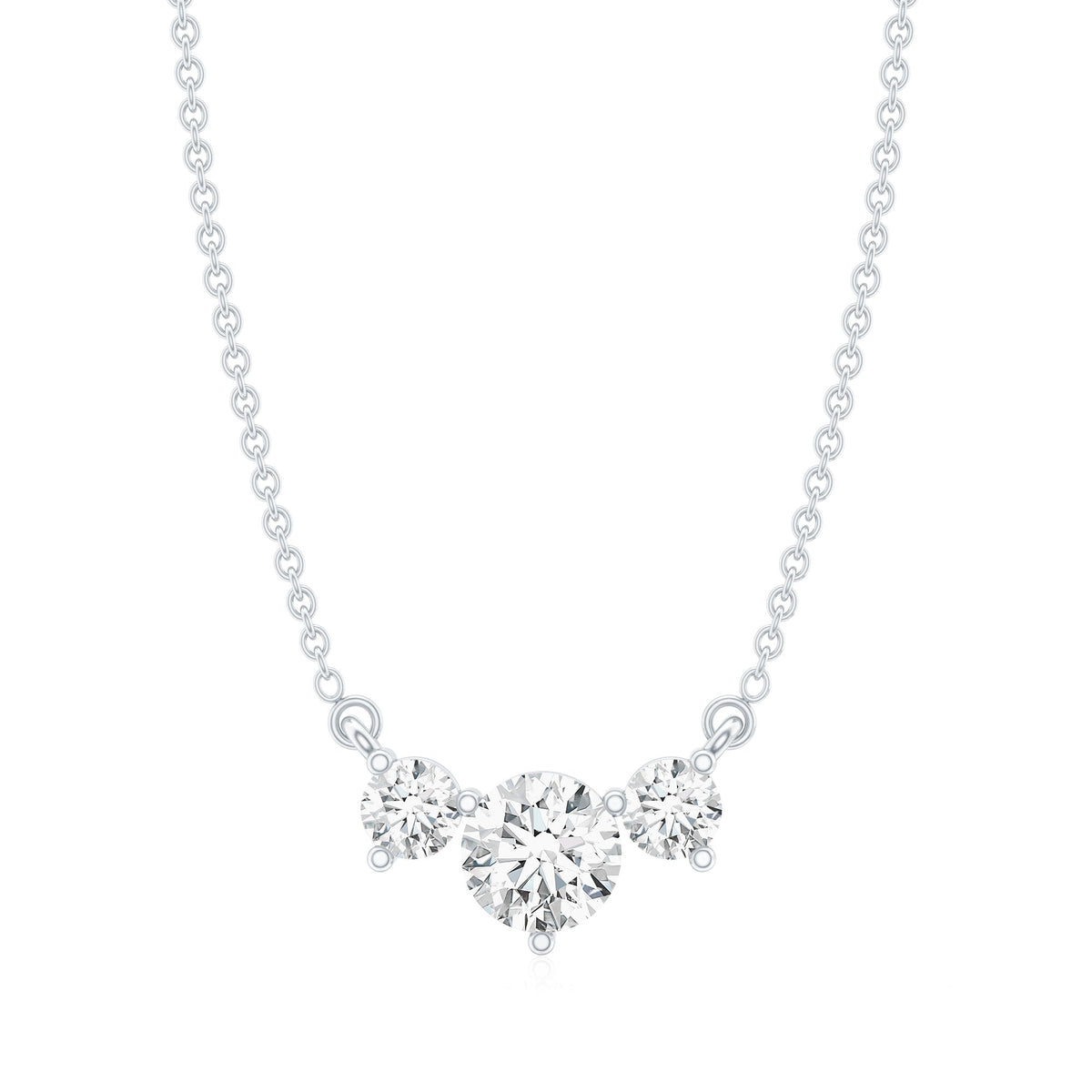 Rosec Jewels certified moissanite three stone stackable necklace pendant, showcasing sparkling gemstones against a delicate chain.