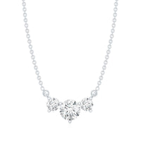 Rosec Jewels certified moissanite three stone stackable necklace pendant, showcasing sparkling gemstones against a delicate chain.