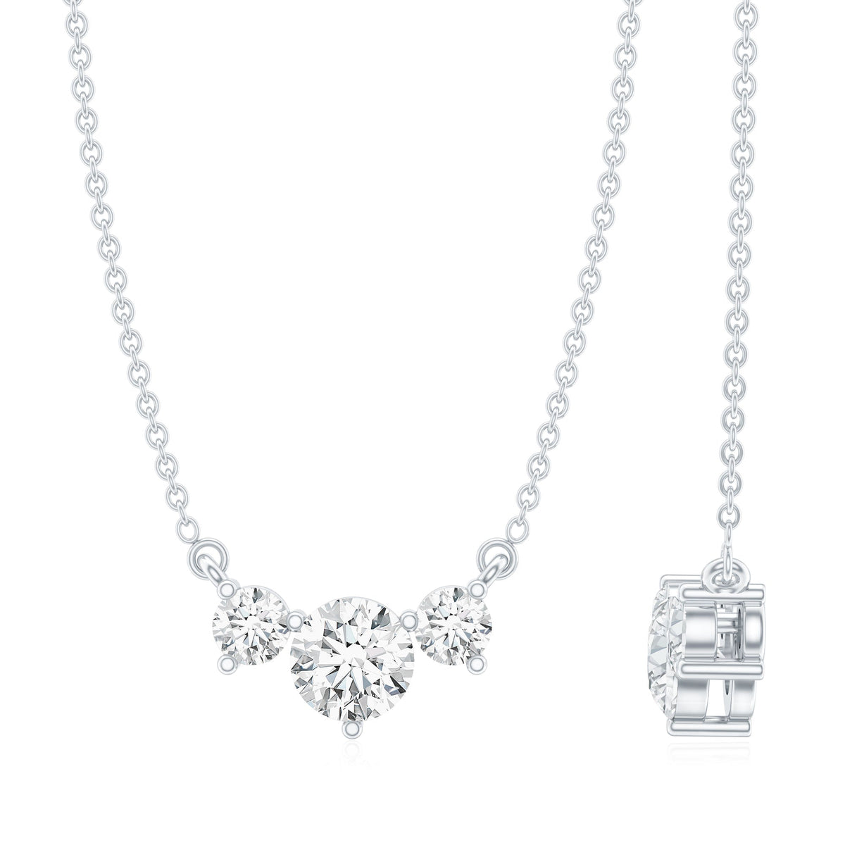 Certified Moissanite three stone stackable pendant necklace by Rosec Jewels featuring sparkling gemstone accents.