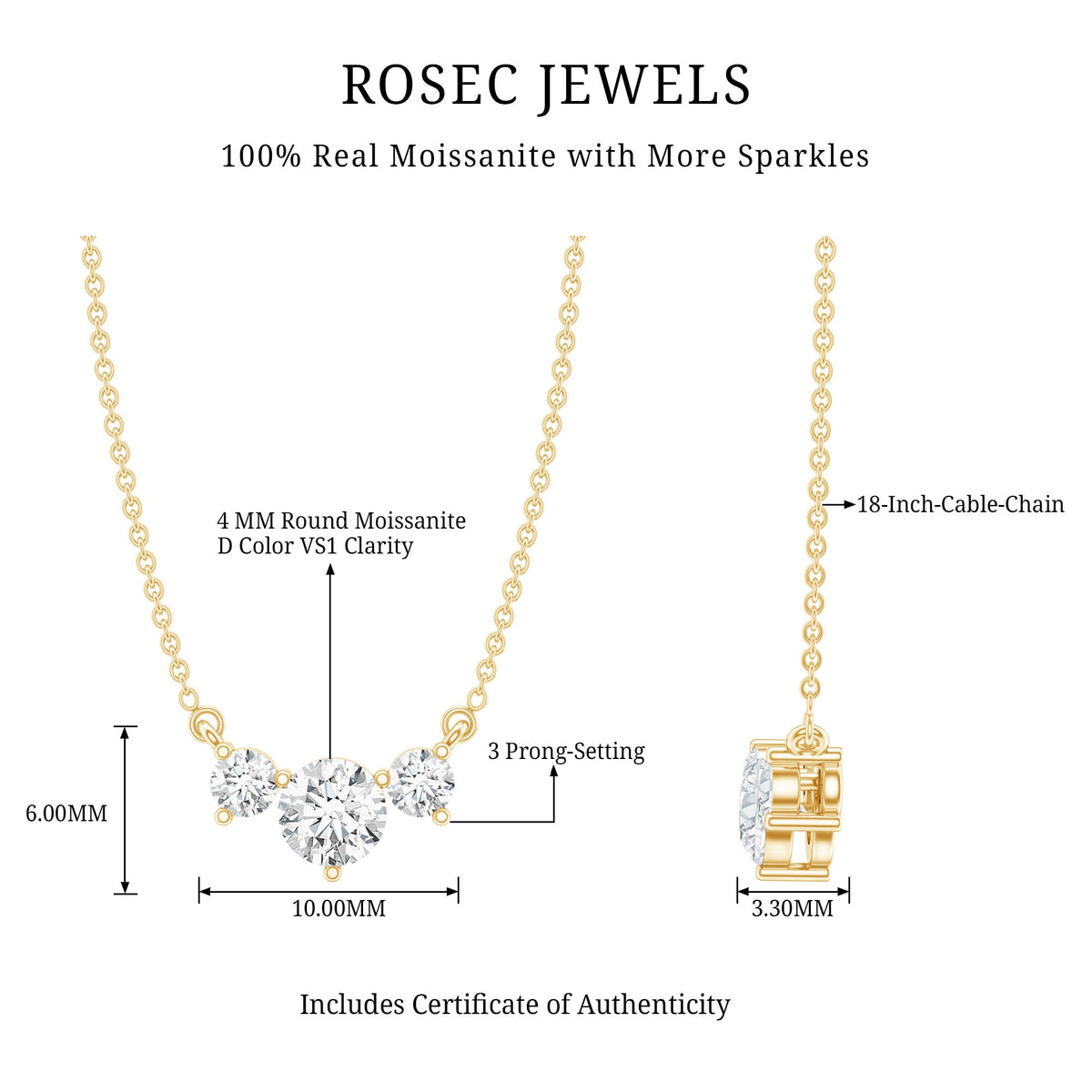 Certified Moissanite three-stone stackable pendant necklace by Rosec Jewels featuring sparkling gemstones on a delicate chain.