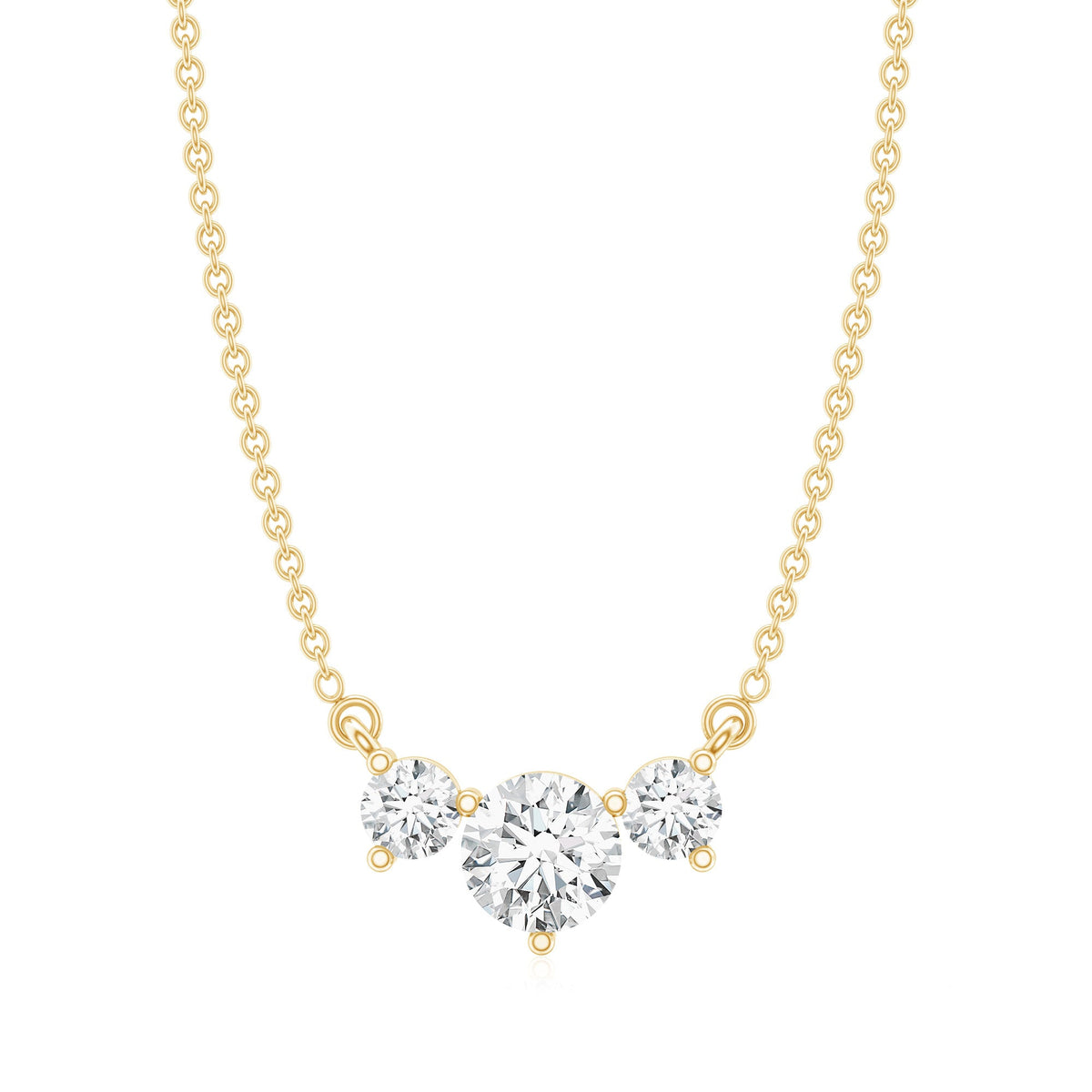Rosec Jewels certified moissanite three stone stackable necklace pendant with sparkling gemstones on a delicate chain.