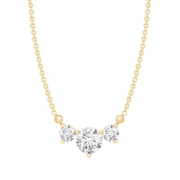 Rosec Jewels certified moissanite three stone stackable necklace pendant with sparkling gemstones on a delicate chain.