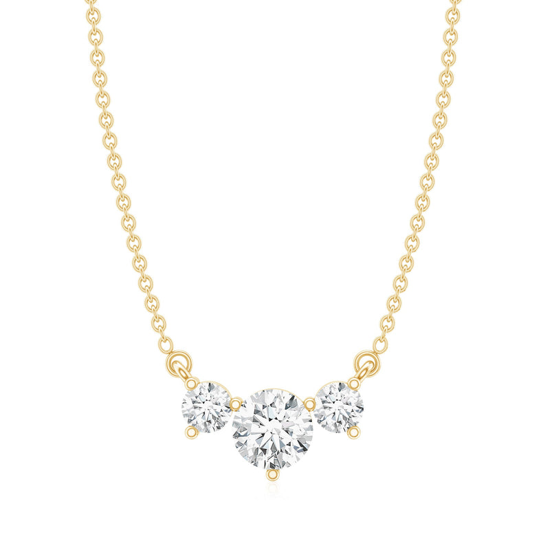 Rosec Jewels certified moissanite three stone stackable necklace pendant with sparkling gemstones on a delicate chain.