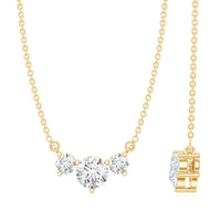 Rosec Jewels certified moissanite three stone stackable pendant necklace with sparkling gemstones on a delicate chain.