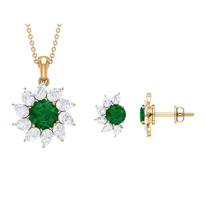 Lab grown emerald and diamond flower jewelry set for women by Rosec Jewels, featuring elegant floral design and sparkling gemstones.