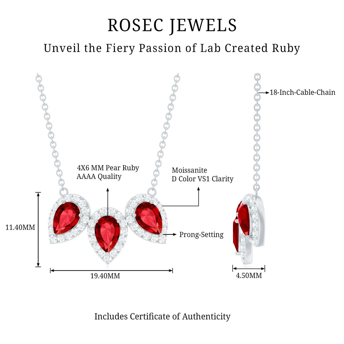 Pear cut lab-created ruby three-stone pendant with moissanite halo, featuring elegant rose gold setting from Rosec Jewels.