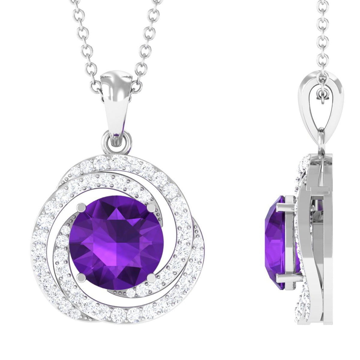 Natural amethyst and diamond swirl pendant necklace by Rosec Jewels featuring a violet gemstone with sparkling diamonds.