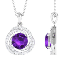Natural amethyst and diamond swirl pendant necklace by Rosec Jewels featuring a violet gemstone with sparkling diamonds.