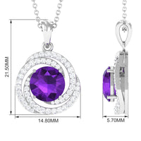 Natural amethyst and diamond swirl pendant necklace featuring a Rosec Jewels pendant with purple gemstone and sparkling diamonds.