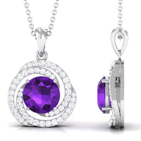 Natural amethyst and diamond swirl pendant necklace featuring a Rosec Jewels design, showcasing a vibrant purple gemstone with sparkling accents.