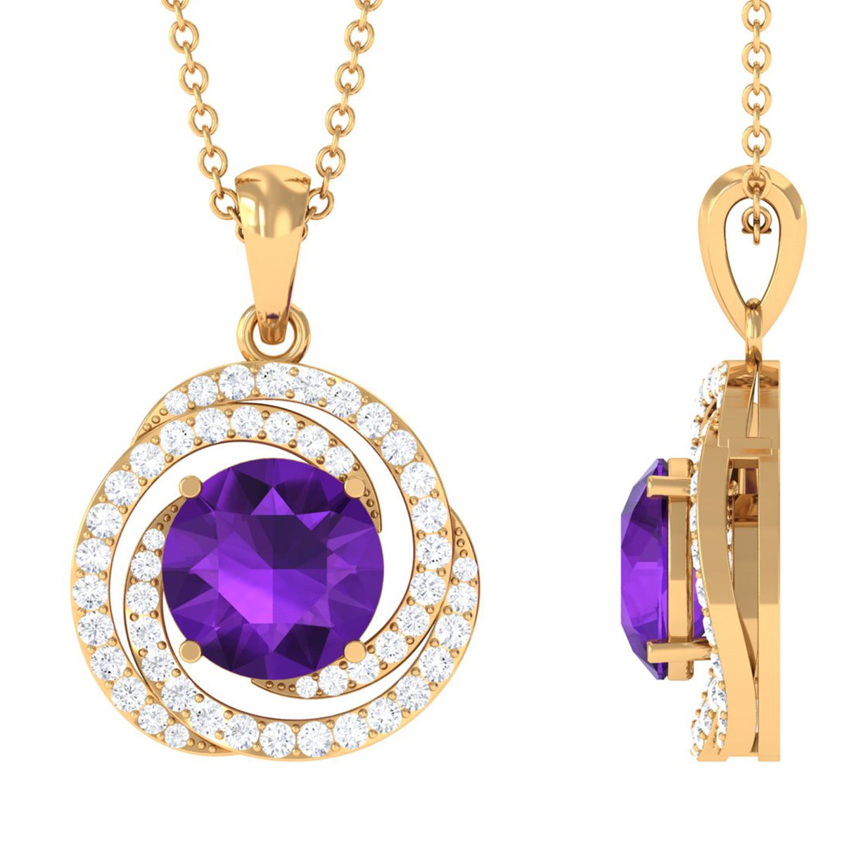 Natural amethyst and diamond swirl pendant necklace showing a teardrop-shaped amethyst with diamond accents on a silver chain.