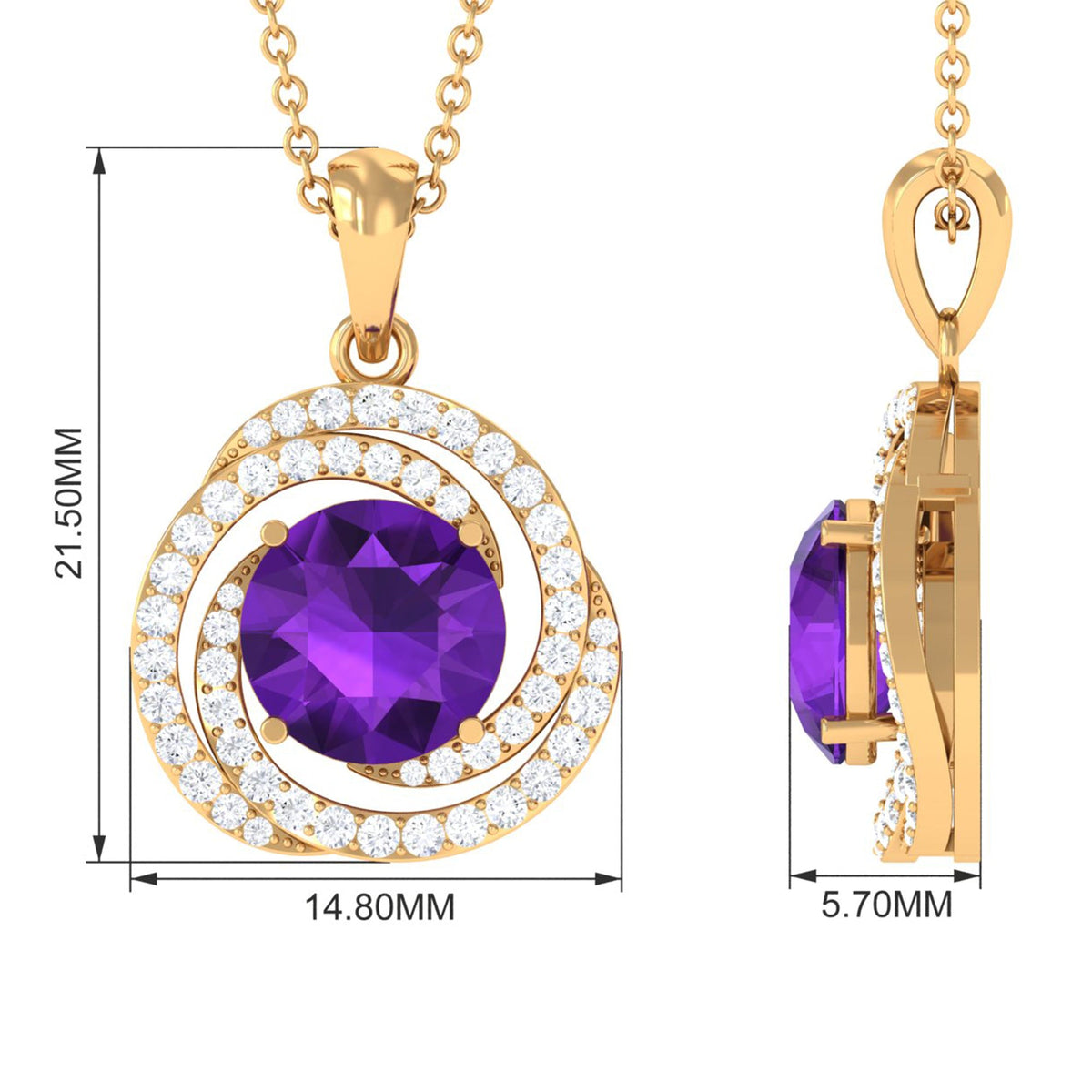Natural amethyst and diamond swirl pendant necklace featuring a rosec Jewels pendant with vibrant purple gemstone and sparkling accents.