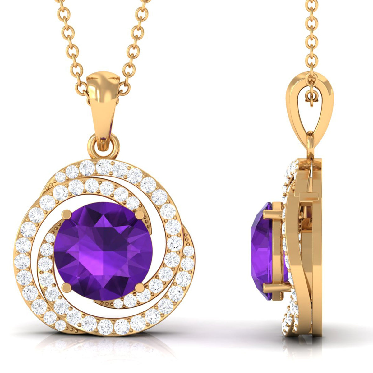 Natural amethyst and diamond swirl pendant necklace by Rosec Jewels featuring a purple amethyst gemstone and sparkling diamonds.