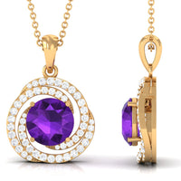 Natural amethyst and diamond swirl pendant necklace by Rosec Jewels featuring a purple amethyst gemstone and sparkling diamonds.