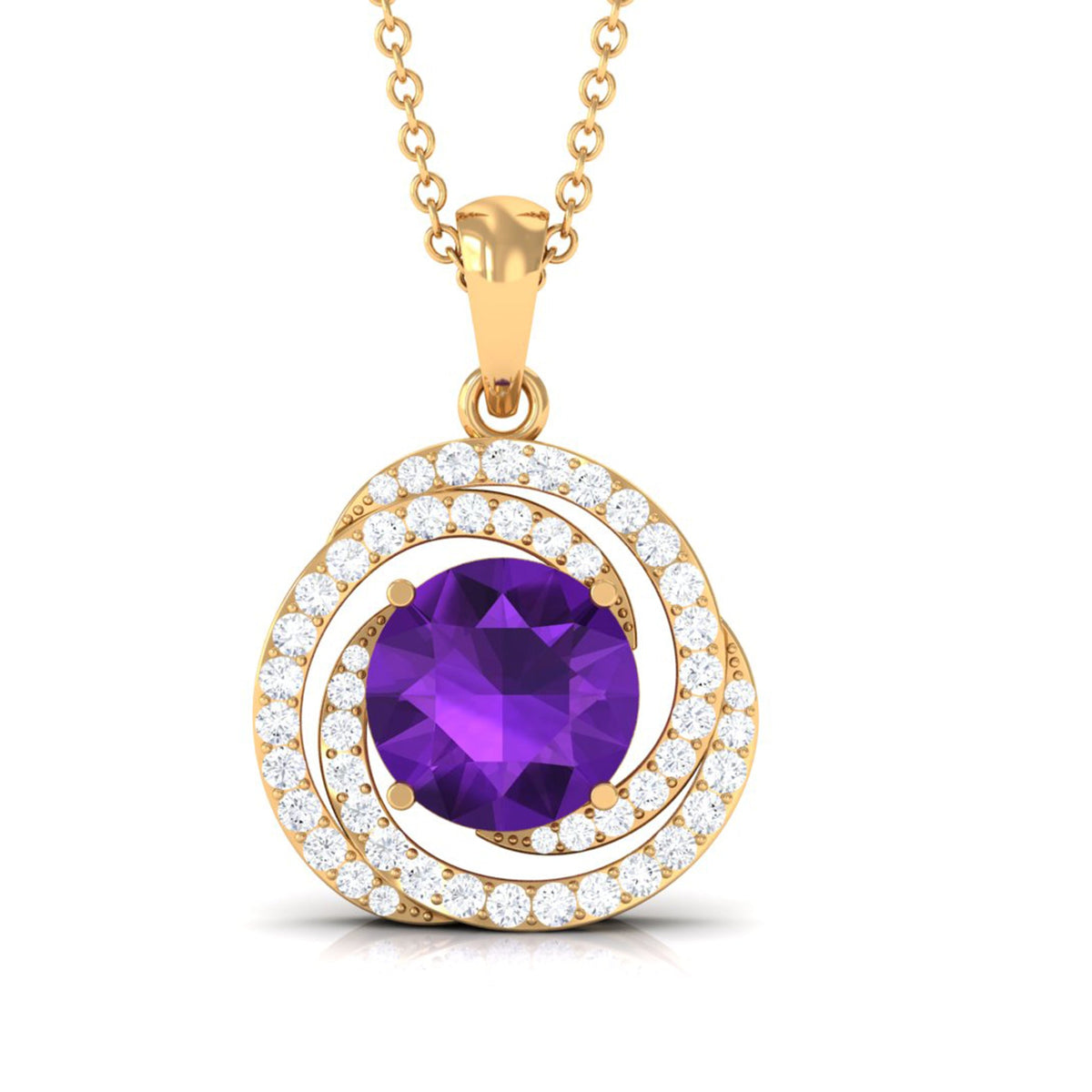 Natural amethyst and diamond swirl pendant necklace featuring a rosec Jewels pendant with vibrant purple amethyst and sparkling diamonds.