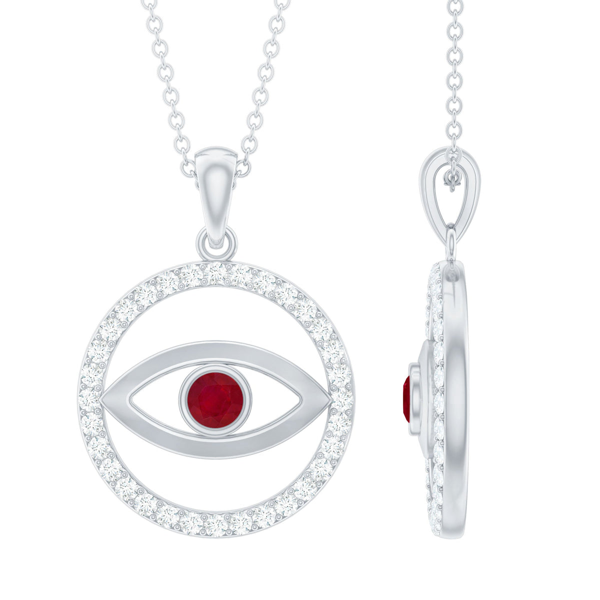 Real ruby and diamond evil eye pendant necklace by Rosec Jewels, featuring a vibrant gemstone design and intricate craftsmanship.