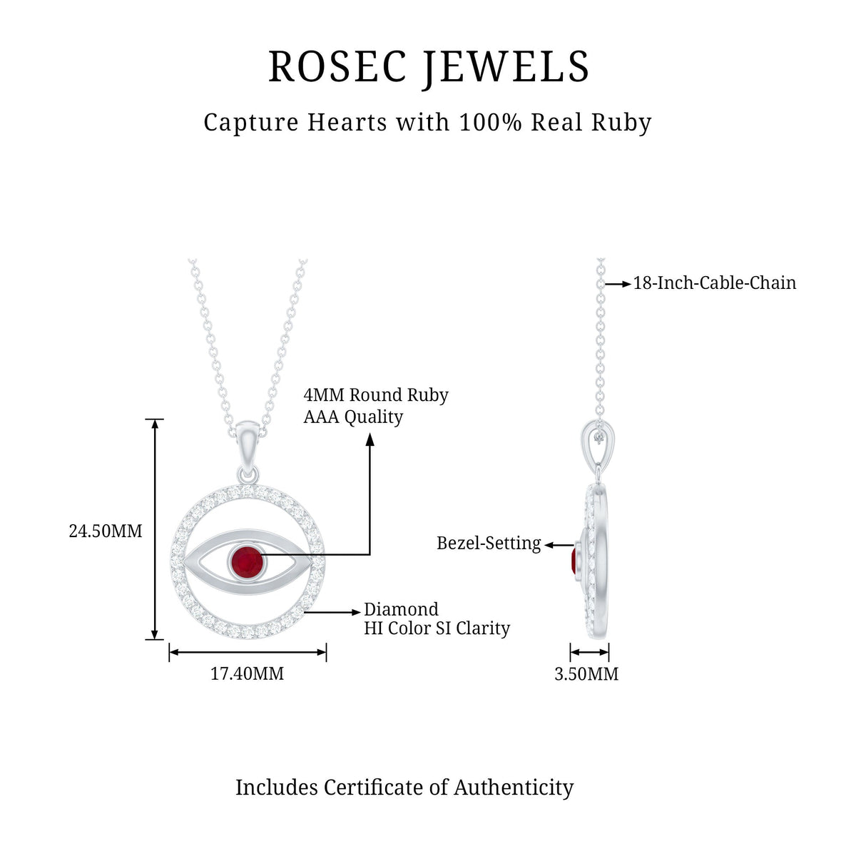 Real ruby and diamond evil eye pendant necklace by Rosec Jewels, showcasing a detailed gemstone design in a close-up shot.