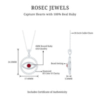 Real ruby and diamond evil eye pendant necklace by Rosec Jewels, showcasing a detailed gemstone design in a close-up shot.