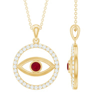 Real ruby and diamond evil eye pendant necklace by Rosec Jewels featuring a striking design with red rubies and sparkling diamonds.
